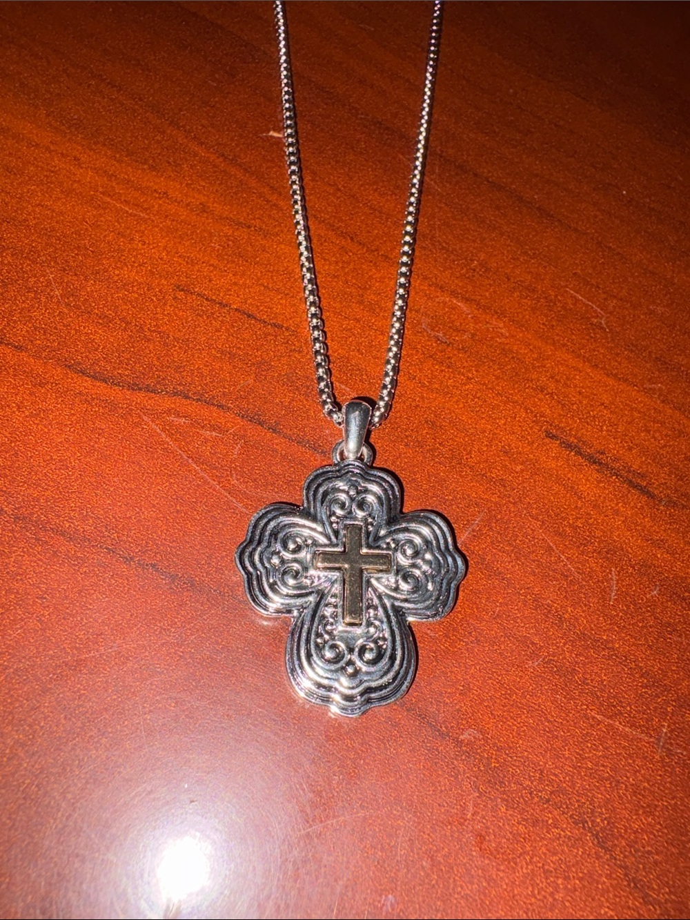 Fashion Jewelry Silver-Tone Cross Pendant Necklace with Gold Accent